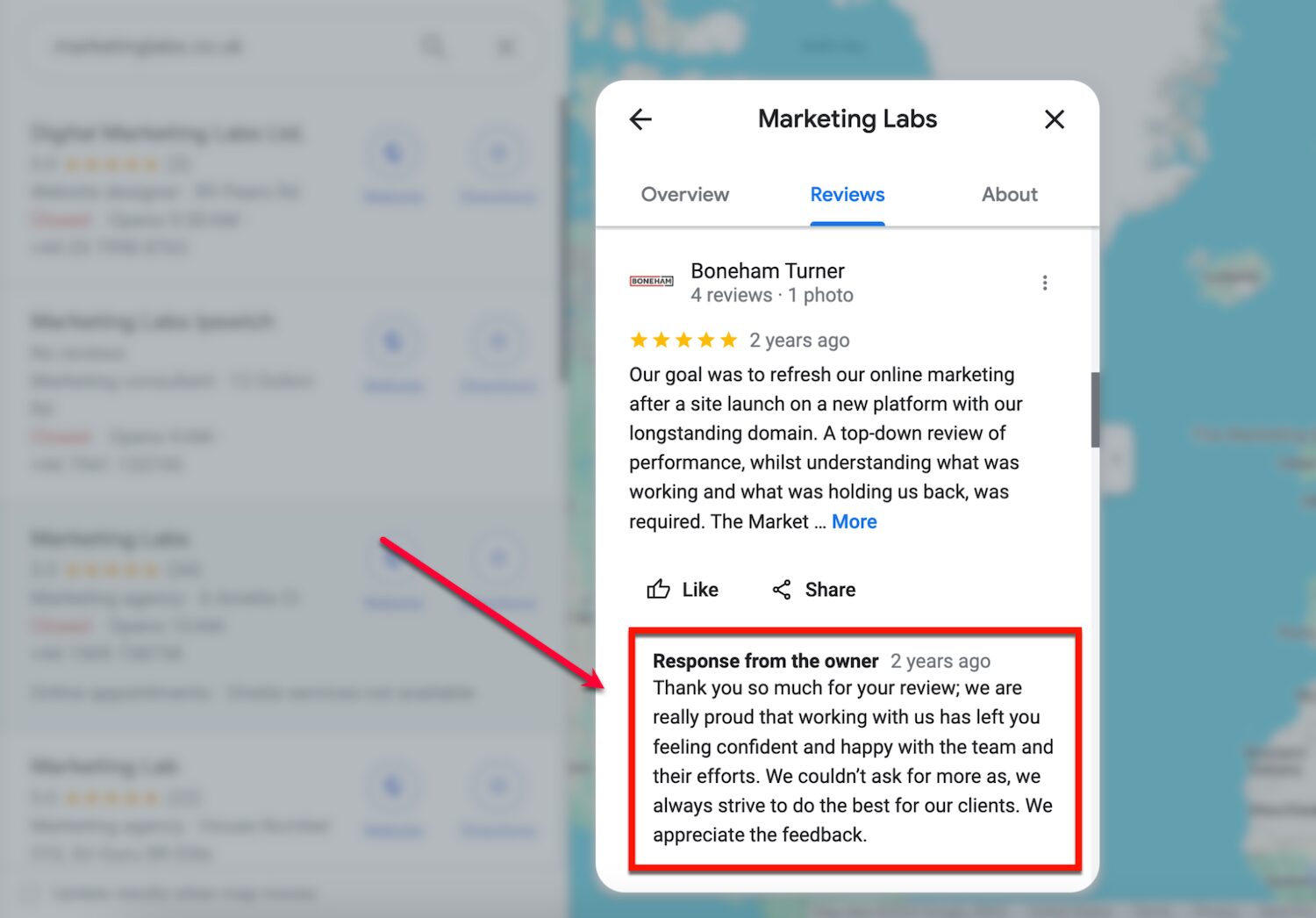 Screenshot of Marketing Labs replying to a Google review from a client