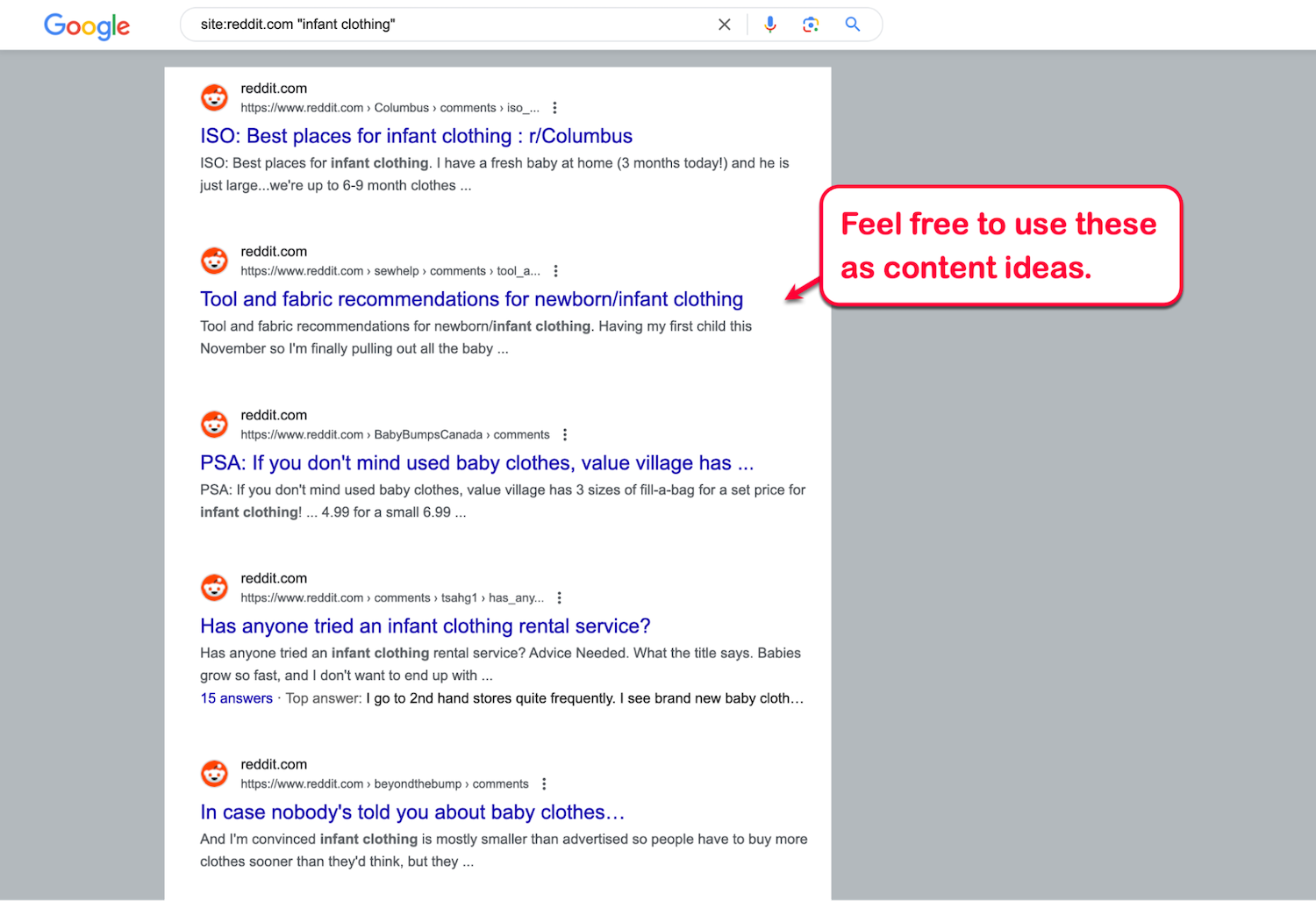 Screenshot showing search results for the key phrase 'infant clothing' from the Reddit site